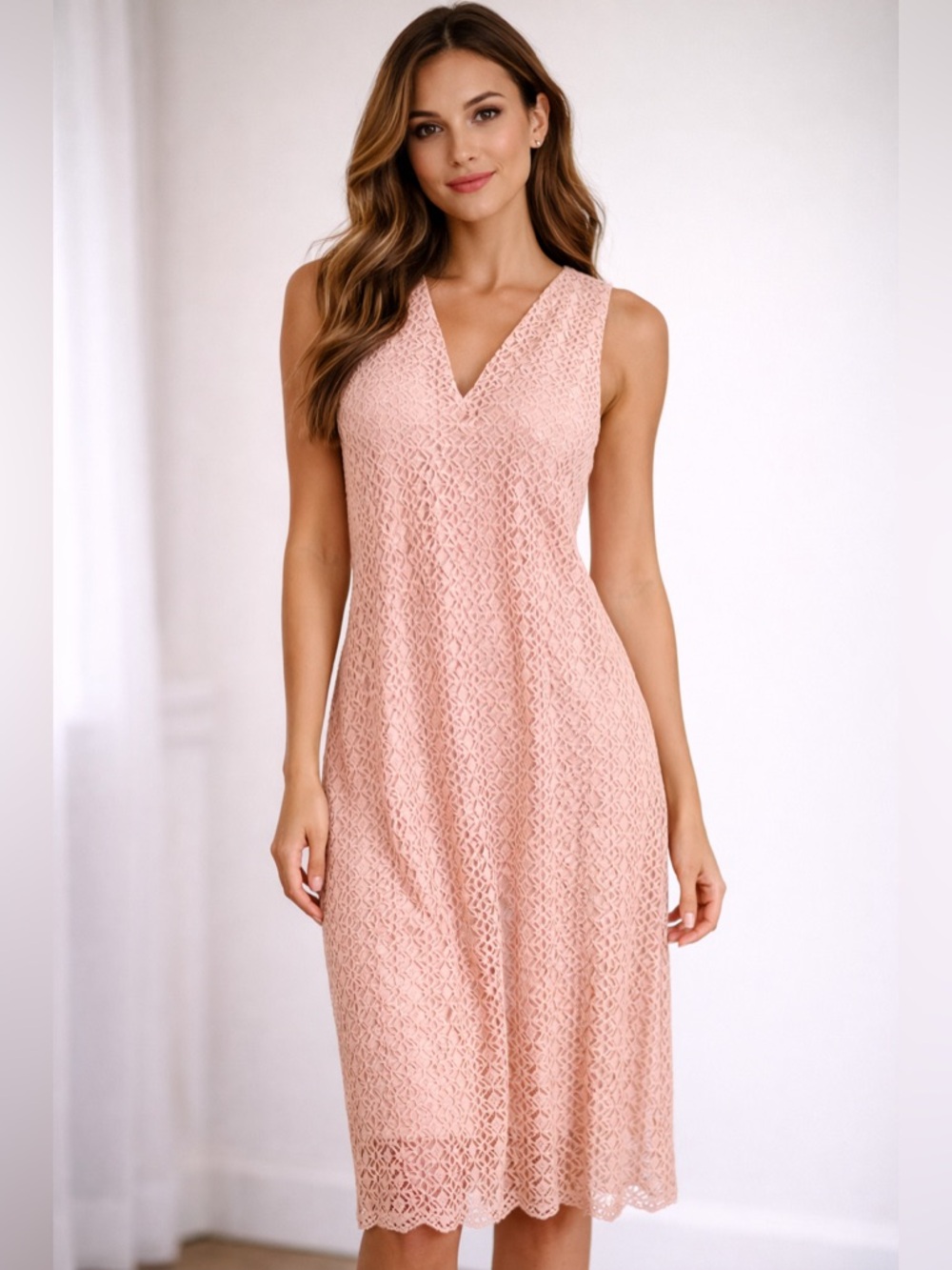 And Now This Blush Lace Midi Dress with V-Neck